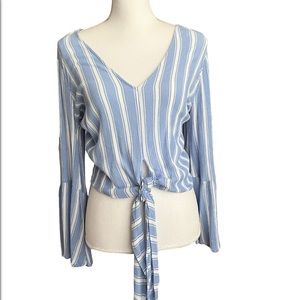 American Eagle Cropped Top Bell Sleeve Tie Front V Neck Boho Blue White Stripe